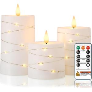 Raycare Flameless Candles with Remote Timer, Flickering Battery Operated LED Pillar Fake Candle with String Lights for Home Decor, Christmas, Wedding and Gift, White, Set of 3