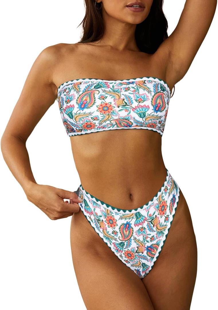 ZAFUL Women Strapless Textured Bandeau Bikini 2 Piece Swimwear Cheeky Solid Lace up Bathing Suits, Medium