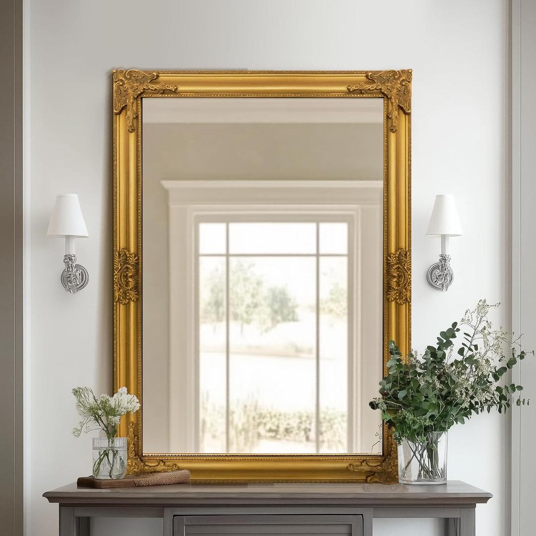 TRAHOME Vintage Gold Mirror for Wall, 28"x40" Antique Decorative Baroque Mirror with Imitation Metal Frame, Ornate Decorative Wall Mirror Decor for Entryway, Fireplace, Living Room, Hallway, Bathroom