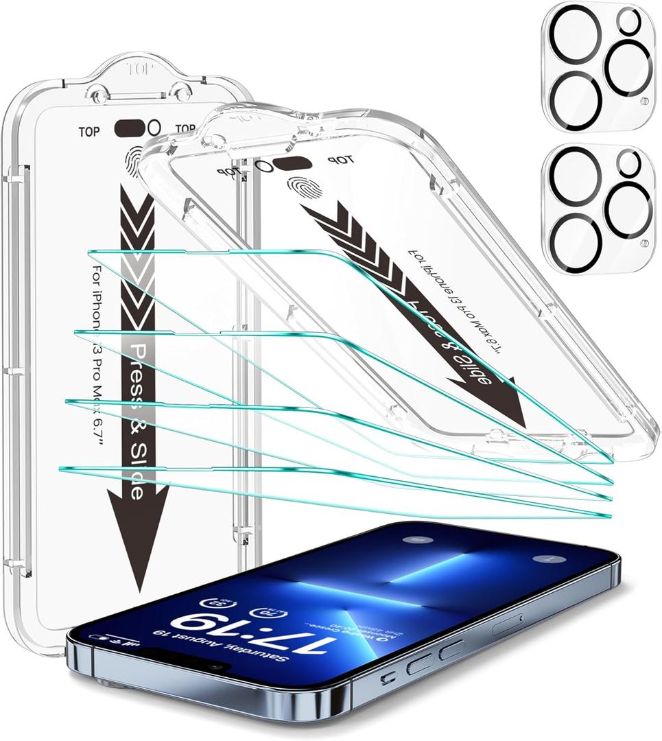 EZ-GLAZ- 4 Pack for iPhone 13 Pro Max Screen Protector [6.7"] With 2 Pack Camera Lens Protector, 9H+ Hardness 12FT Military Grade Shatterproof Scratch Resistant Durable Tempered Glass Film with Flawless Fit Kit, HD Clear (Transparency)