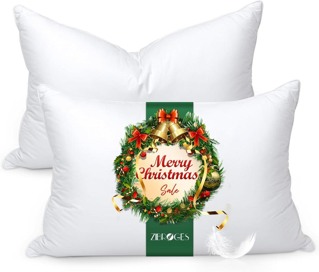 Feather Pillows Queen Size Set of 2 - Goose Down Hotel Bed Pillow for Sleeping, Soft 600 Thread Count Cotton Cover, Fluffy Support Surround Fill Polyester for Side, Back, Stomach Sleepers