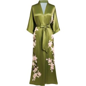 BABEYOND Kimono Robe Cover up with Box Long Floral Satin Sleepwear Silky Bathrobe Bachelorette Robe (One Size, Olive)