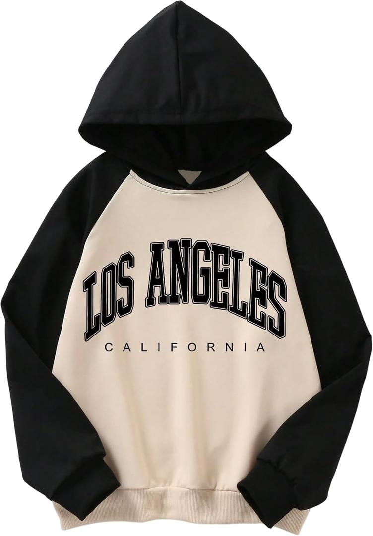 GORGLITTER Girl's Hoodies Fall Casual Cute Letter Print Long Sleeve Color Block Halloween Hooded Sweatshirt 2025 14Y