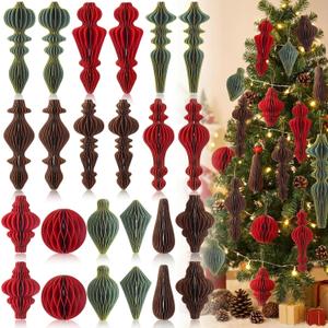 24 Pcs Christmas Large Hanging Honeycomb Balls Jumbo 3D Paper Christmas Tree Ornaments Neutral Paper Lantern Ornament Vintage 3D Hanging Honeycomb Balls for Xmas Tree New Years Holiday Home Decor
