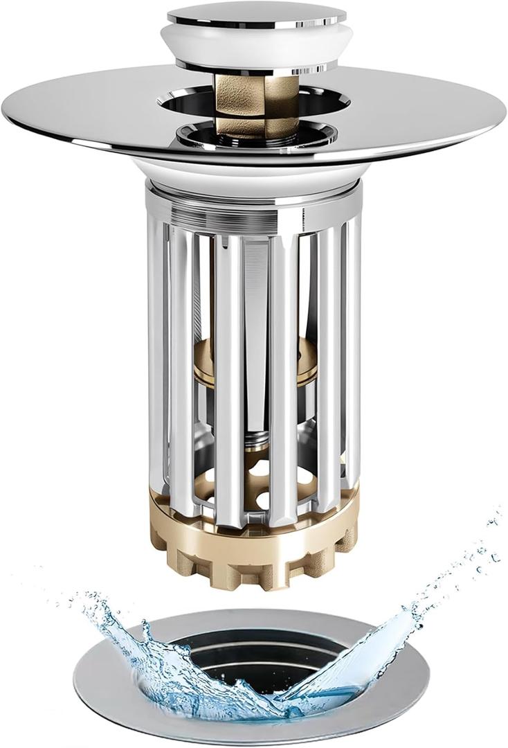Bathroom Sink Drain Strainer, 3 in 1 Pop Up Bathroom Sink Stopper with Removable Brass Basket Hair Catcher, Universal Sink Plug for 1.06 to 1.6in Drain Hole, Chrome Silver
