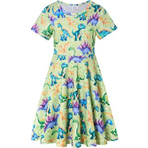 RAISEVERN Girls Dresses Short Sleeve for School Casual T-Shirt Dress Age 4-9 Years (7-8 Years, D1-dinosaur)