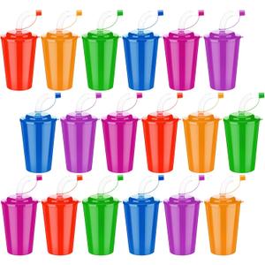Zubebe 18 Pcs Neon Straws Cups 12 oz Colorful Neon Cups with Sipper and Lids Plastic Favor Reusable Straw for Birthday Party Events Supplies, 6 Colors
