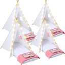 Windyun 4 Pack Kids Teepee Tent Bulk with Light and Inflatable Airbed, Natural Cotton Toddler Play Tent Washable for Girls Boys Indoor Outdoor Slumber Party Birthday Gifts (White)
