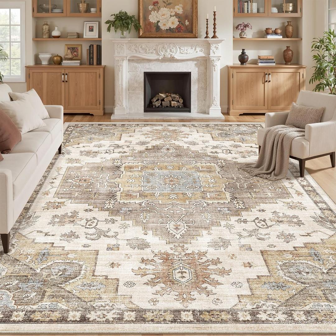 Washable Area Rugs for Living Room 9x12 Neutral Floral Large Soft Rug Brown
