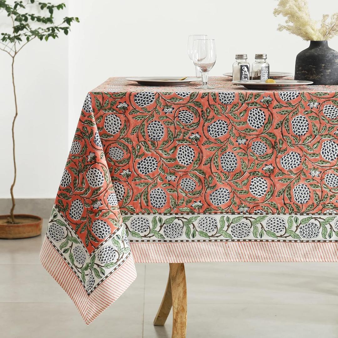 Labhanshi Indian Block Print Pre-Washed Cotton Floral 72x108 Inch Rectangle 8-Seater Table Cloth|Kitchen Dining Table Top Cover|Boho French Country Style Mother's Day Decor|Dark Salmon Pink