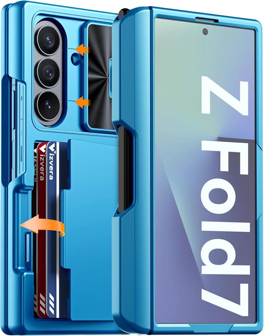 Vizvera for Samsung Galaxy Z Fold 7 Case RFID Wallet with Cards Holder [S Pen Included] [Camera Cover] Shockproof Silicone Protective Phone Case for Z Fold 7 2025(Lake Blue)