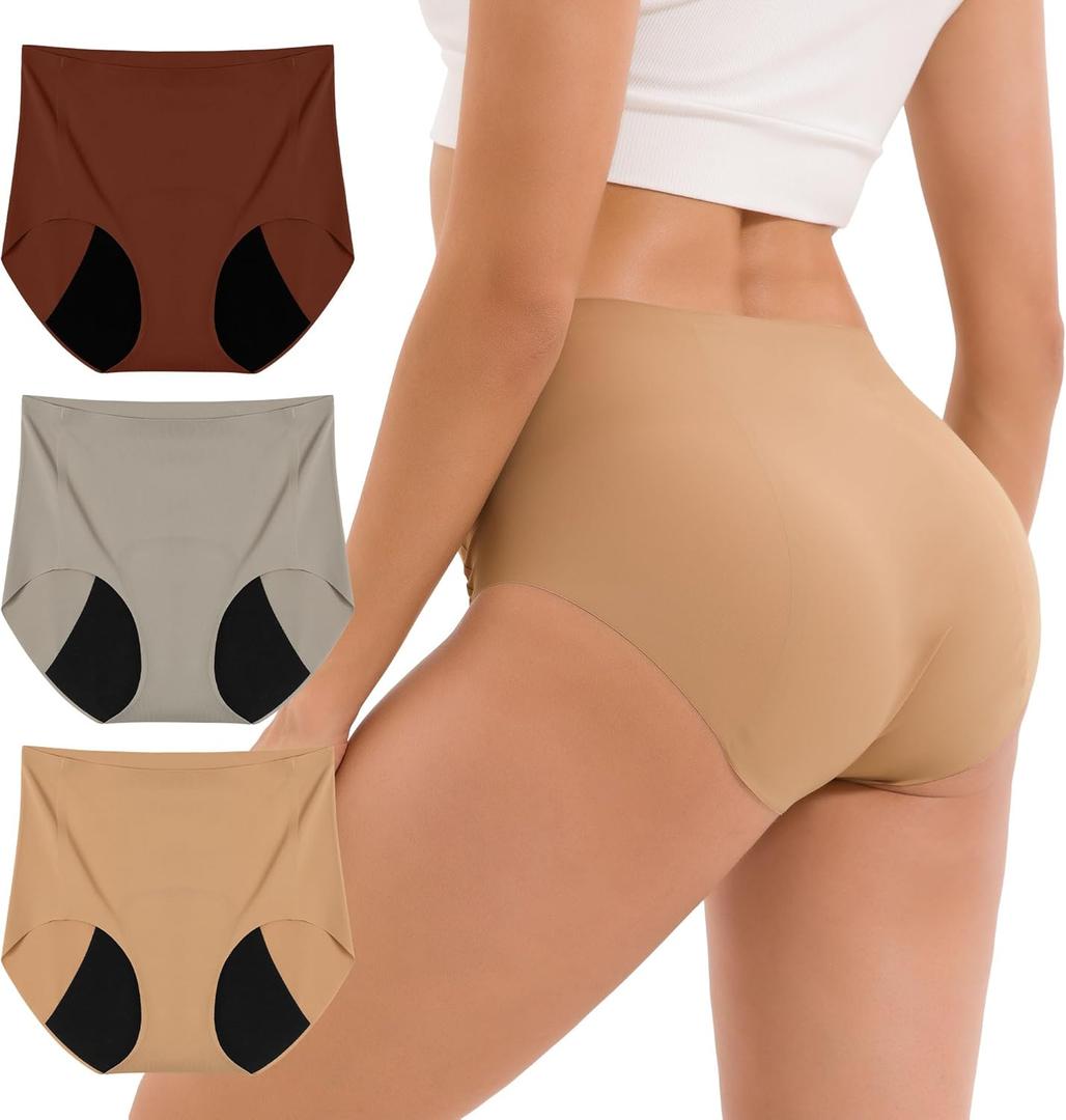 INNERSY Lightweight Period Underwear for Women Silky Seamless High Waisted Panties 3-Pack (XX-Large, Khaki Noir) INNERSY Lightweight Period Underwear for Women Silky Seamless High Waisted Panties 3-Pack (XX-Large, Khaki Noir)