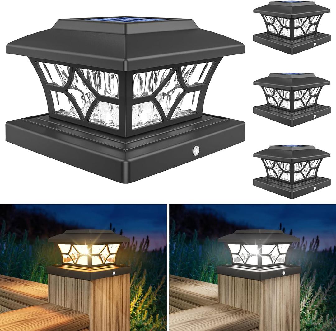 VOLISUN Solar Post Cap Lights Outdoor, Solar Powered Fence Cap Lights for 4x4 Vinyl/Wood, Black Waterproof Solar Deck Post Light 4Pack Cool/Warm for Garden Patio Porch