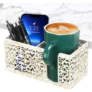 Desk Organizer with Clip, Cup, Pencil, Phone Holders & Beverage Storage for Office, School, Home (White + Gold)