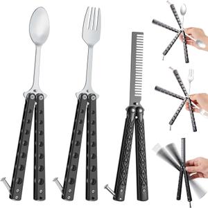 Eaasty Set of 3 Butterfly Comb, Fork and Spoon Set, Tactical Stainless Steel Folding Butterfly Spoon for Camping Hunting Travel Outdoor (Black)