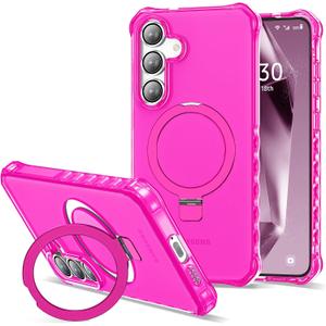 Compatible with Samsung Galaxy S24/S25 Case 6.2'' Cute Wavy Frame with Magnetic Stand [Compatible with Mag-Safe] Military-Grade Translucent Phone Case for Women Girls, Hot Pink