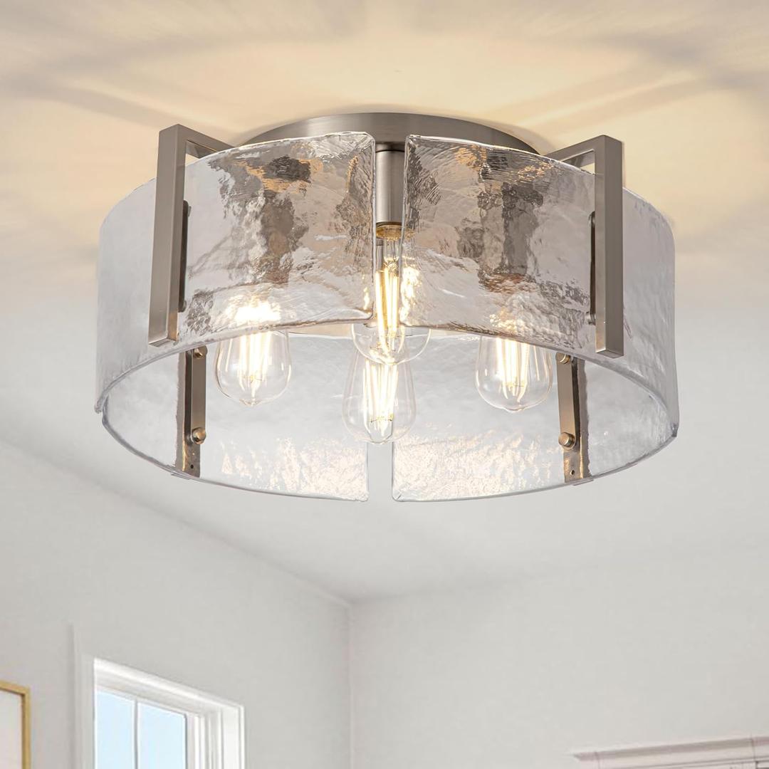 Nickel Semi Flush Mount Ceiling Light Fixture, 17.7-Inch Glass Drum Flush Mount Light Modern Foyer Lighting Fixtures Farmhouse Kitchen Lights for Entryway Hallway Bathroom Laundry Room Bedroom
