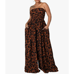 Ophestin Women's Strapless Tube Wide Leg Jumpsuits Smocked Women Jumpsuits Dressy Casual Flowy One Piece Jumpsuits Rompers, SIZE XL