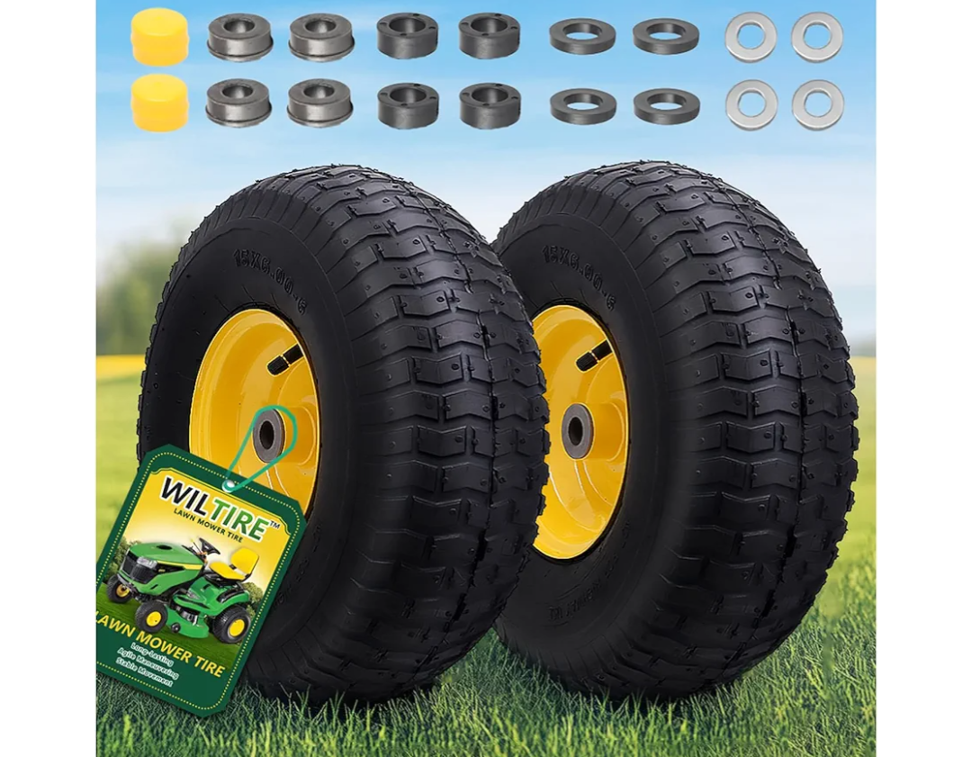 15x6.00-6 Tire and Wheel Assembly (2 Pack),Replacement Riding Lawn Mower Front Tires - With 3" Centered Hub and 3/4" Bushings (Extra 5/8" Bushings)