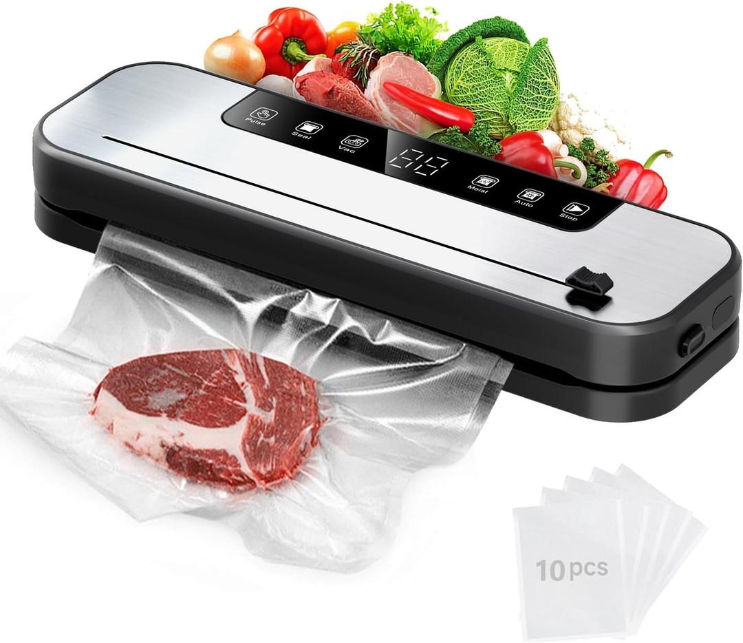 FIRE HIVE 5-in-1 Vacuum Sealer Machine for Food, 75KPa Powerful Suction, 11.8" Sealing Strip, Purple Light Clean, Built-in Sliding Cutter, Dry & Moist Modes, LED Display, 10 Vacuum Bags Included (Black)