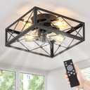 LEDIARY Caged Flush Mount Ceiling Fans with Lights and Remote, Black Square Low Profile Ceiling Fan, Small Farmhouse Bladeless Ceiling Fan for Bedroom, Kitchen, Indoor (16 Inch)