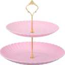 uxcell 2-Tier Cupcake Stand Holder, Round Tiered Serving Tray 20/25cm Cup Cake Stand for Birthday Party Decor, Pink (Lines)