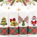 Lavien Home Christmas Kitchen Towels Embroidered, Cotton Dishcloths Decoration for Xmas with Plaid (Set of 4), Waffle Weave Cute Tree, Santa, Bell, Deer, 16 x 23 inches