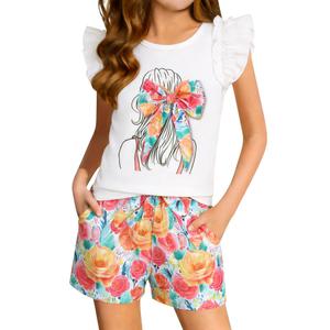 AMAWMW Girls Summer Clothes 2 Piece Outfit Ruffle Sleeve Shirt Top Paperbag Waist Shorts with Pockets Kids Clothing Set 4-12Y, White, 4-5T (White)