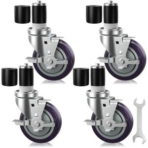 4 Inch Prep Table Casters Set of 4 for Commercial Kitchen Prep Tables, Expanding Stem Caster Wheels for Table Legs All with Brake Fit 1-1/2" and 1-5/8" Inner Diameter Leg Tube Adapter Caster