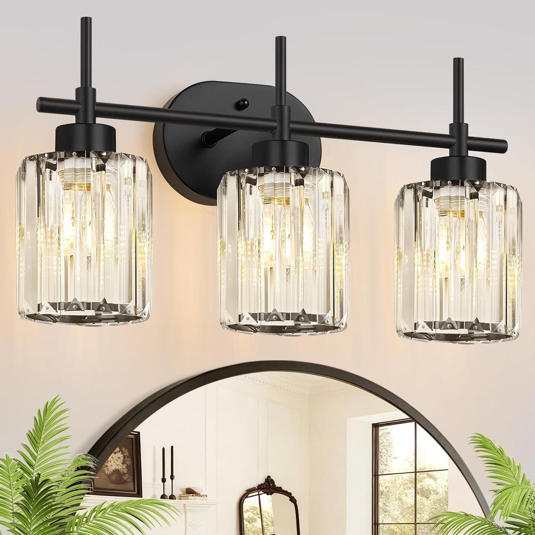 Meybiok Matte Black Vanity Light, 3-Light Crystal Modern Bathroom Lighting Fixtures Over Mirror, Black Bathroom Vanity Light (Bulbs Not Included)