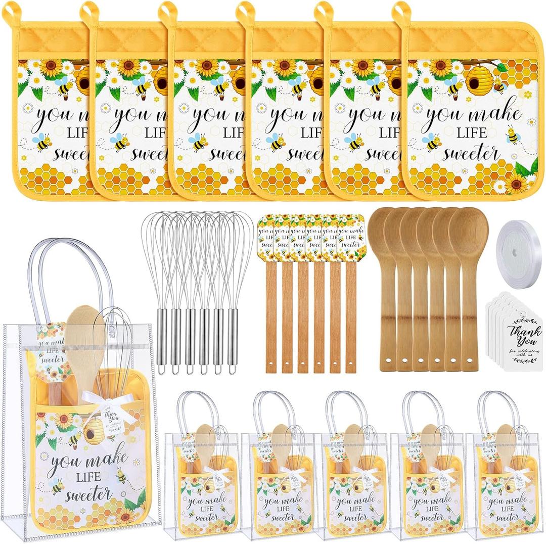 Teenyyou 6 Sets Baby Shower Prizes for Game Winners Potholder Silicone Spatula Bamboo Spoon Whisk Gift Bag Set Gifts for Baby Shower Bridal Wedding Guests Games Prize Favors(Honey)