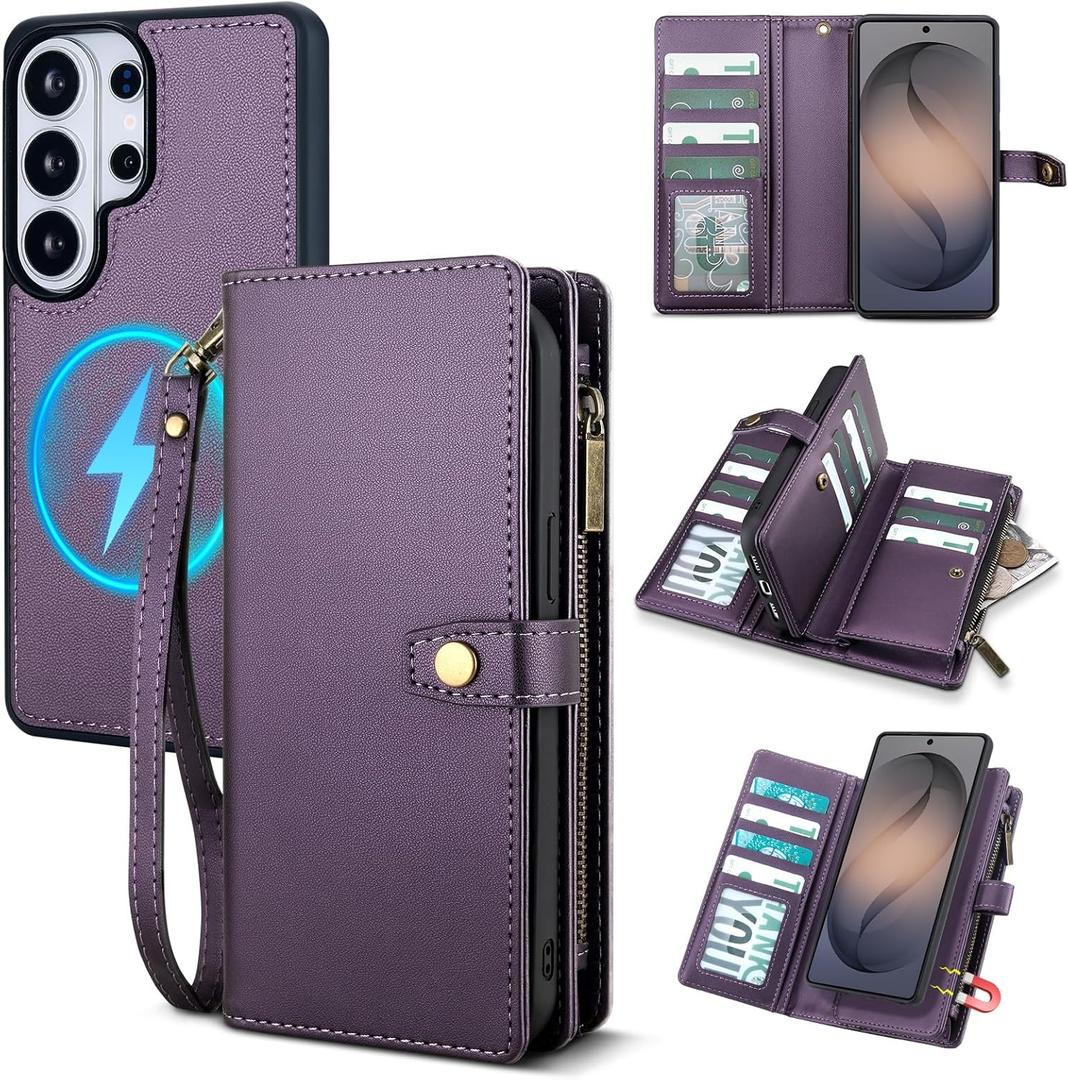 TwoHead for Samsung Galaxy S26 Ultra Wallet Case with Card Holder, Detachable Magnetic Phone Case for S26 Ultra,PU Leather All-Round Protective Phone Case Wallet with Wrist Strap(6.9 in,Deep Purple)