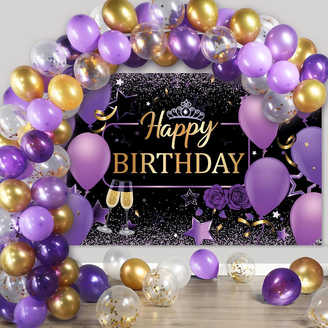 Tatuo Purple and Gold Birthday Party Decorations Purple Gold Confetti Balloons Kit Happy Birthday Photography Backdrop for Girls Ladies Women Party Supplies Decor