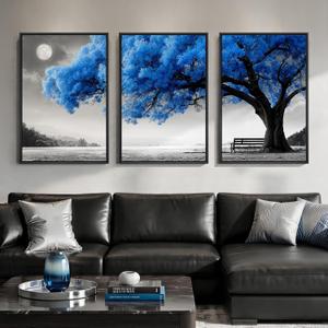 Large Framed Blue Black and White Tree Wall Art for Living Room, 24x36 Inch