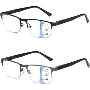 Missfive 2 Pack Mens Quality Progressive Multifocus Reading Glasses Blue Light Blocking, Man Spring Hinge No-Line Multifocal Readers Half Frame Metal Eyeglasses,Workspace For Near Range, 3.0x