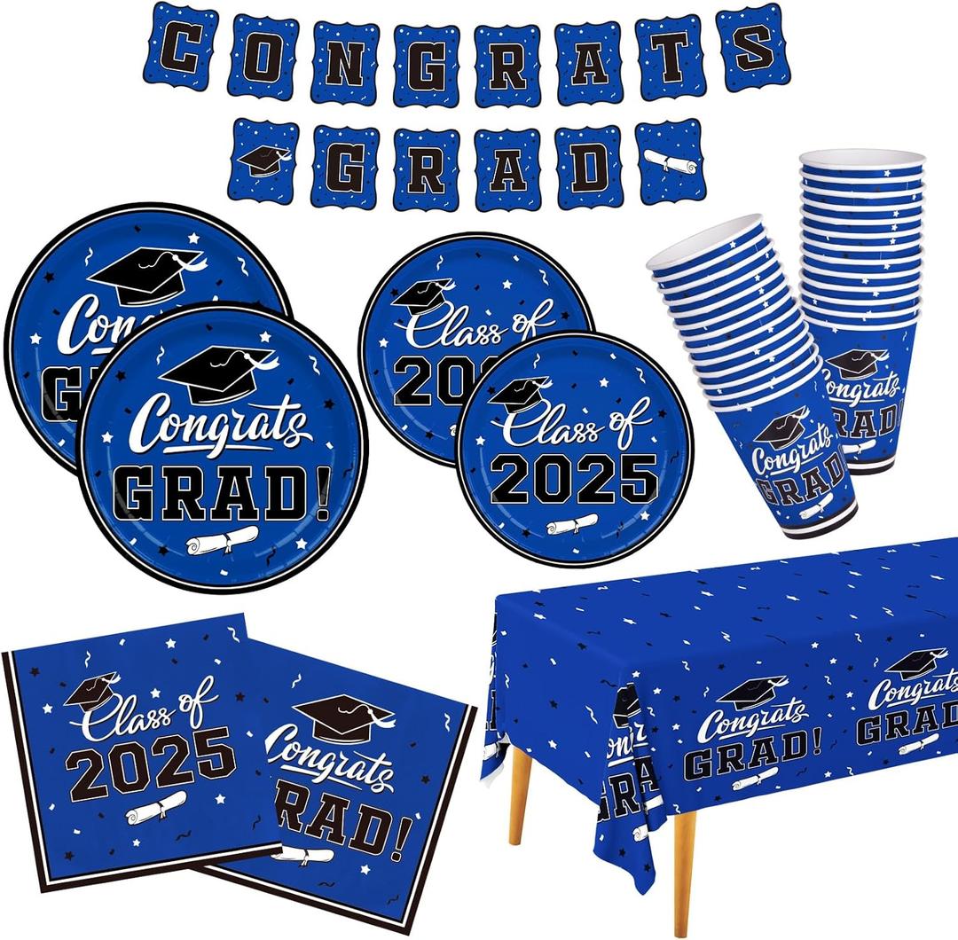 Graduation decorations 2025 Gatherfun 2025 Graduation Party Dinnerware Set Blue Disposable Paper Plates Napkins Cups Tablecloth Banner for Congrats Grad Party Decorations, Serve 25