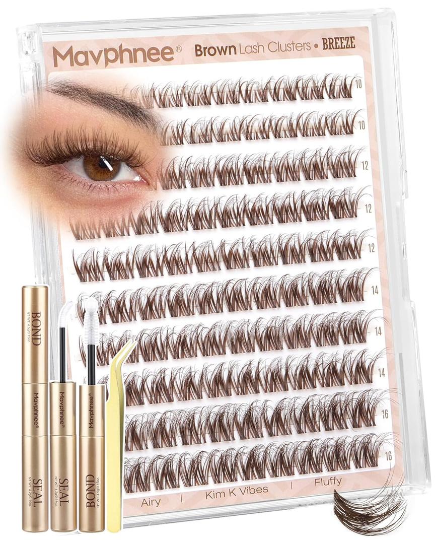 Brown Lash Clusters Kit Spider Cluster Eyelash Extensions Kit Fluffy Wispy Individual Lash Extensions 10-16MM CC Curl Clear Band Eyelash Clusters with Bond and Seal Lash Glue and Applicator