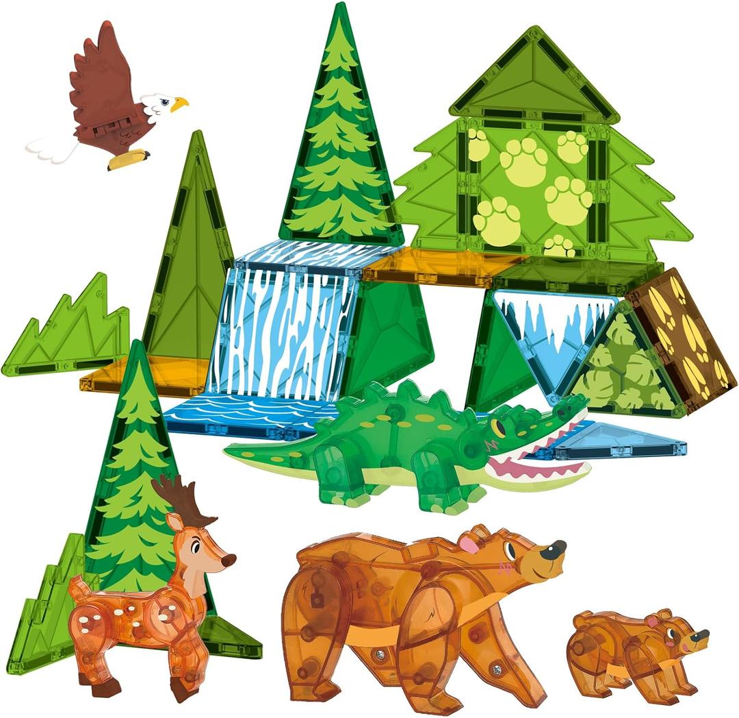 Oriate Magnet Jungle Animals Magnetic Tiles Blocks, 30pcs Magnetic Tiles for Kids, Movable Joint Forest Animals Suitable Magnetic Building Magnet Tiles, Educational Construction Travel Toy