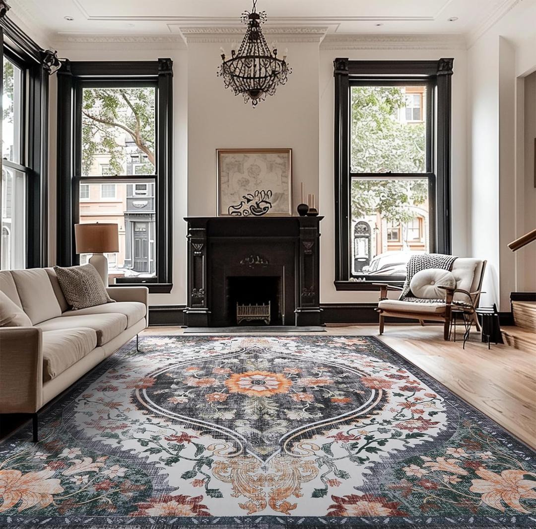 5x7 Vintage Boho Area Rugs for Living Room Machine Washable Rug Non Slip Low Pile Water Repellent Soft Distressed Carpet for Dining Room Bedroom (Black/Green,5x7ft)