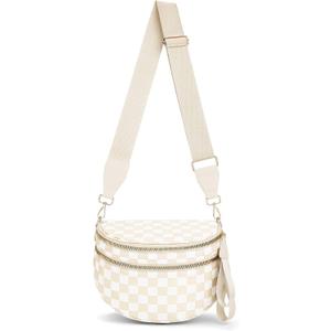 Lushandy Bum Bag Women's Checkered Crossbody Bag Nylon Cross Body Bags Plaid Mom Everyday Purse for Travel (Beige)