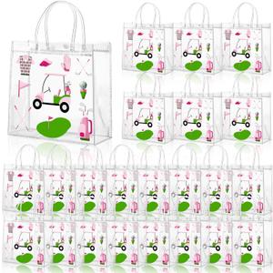 Sweetude 24 Pieces Golf Gift Goodie Bags with Handles 8x8x3.15 Inch Pink and Green PVC Golf Theme Party Favor Clear Treat Bags Bulk for Sports Party Competition Team Birthday Gifts
