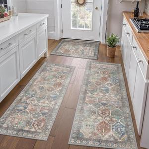 GENIMO Kitchen Mats for Floor Set of 3 Non-Slip Washable, Waterproof Lightweight Kitchen Rugs, Kitchen Floor Mat Runner Rug Carpet for Laundry, Sink, Hallway, Bathroom, Entryway, BrownGreen