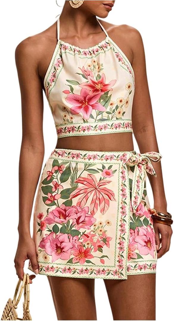 SweatyRocks Women's Tie Backless Tropical Print Halter Top and Shorts 2 Piece Vacation Outfits S