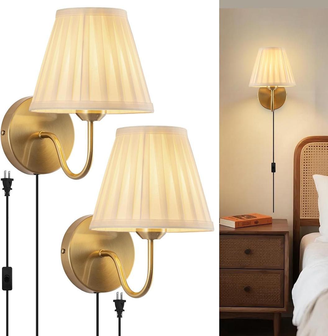 Plug in Wall Sconces Set of Two, Fabric Shade Wall Light with On/Off Switch, Plug in Wall Mount Lamps Wall Decor Set of 2, Gold Sconces Wall Lighting Fixture for Bedroom Bedside Living Room Porch