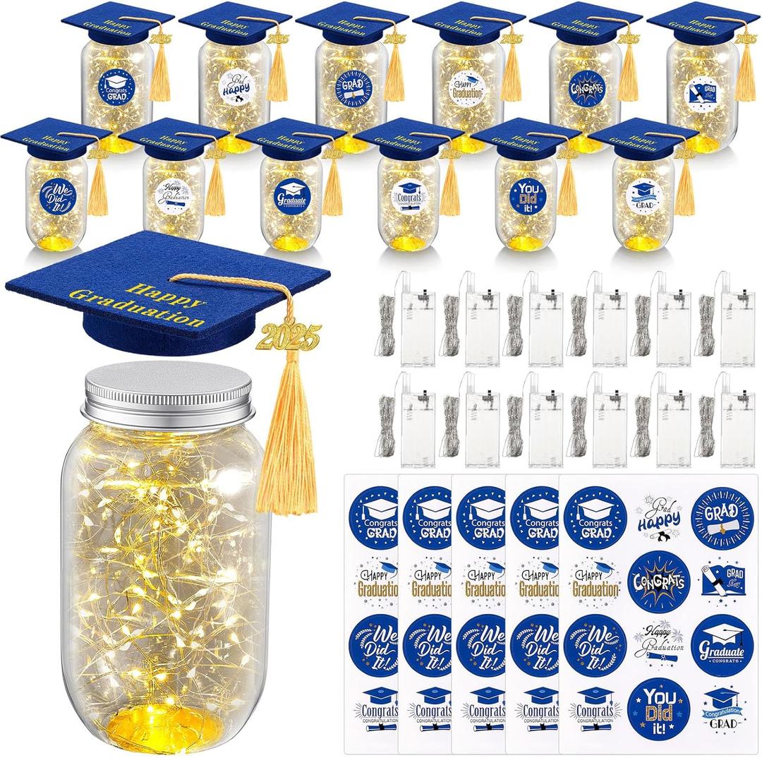 12 Sets Class of 2025 Graduation Table Decor Set with LED Light up Graduation Plastic Round Jars Table Centerpieces Felt Grad Hats and Stickers for High School and College Party Supplies(Blue)