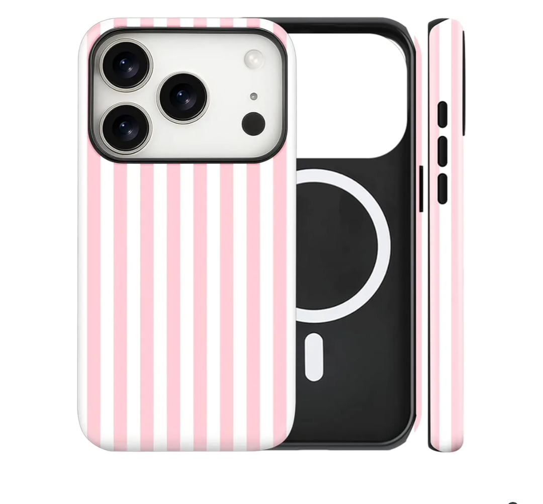 Magnetic for iPhone 17 Pro Case Cute Stripes Phone Case, Shockproof Slim TPU and Hard PC Protective Phone Cover Compatible with MagSafe Designed for Women Girls, Pink and White
