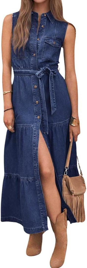 chouyatou Women's Summer Button Down Denim Shirt Dress Business Casual Belted Sleeveless Midi Long Jean Dress (X-Small, Dark Blue)