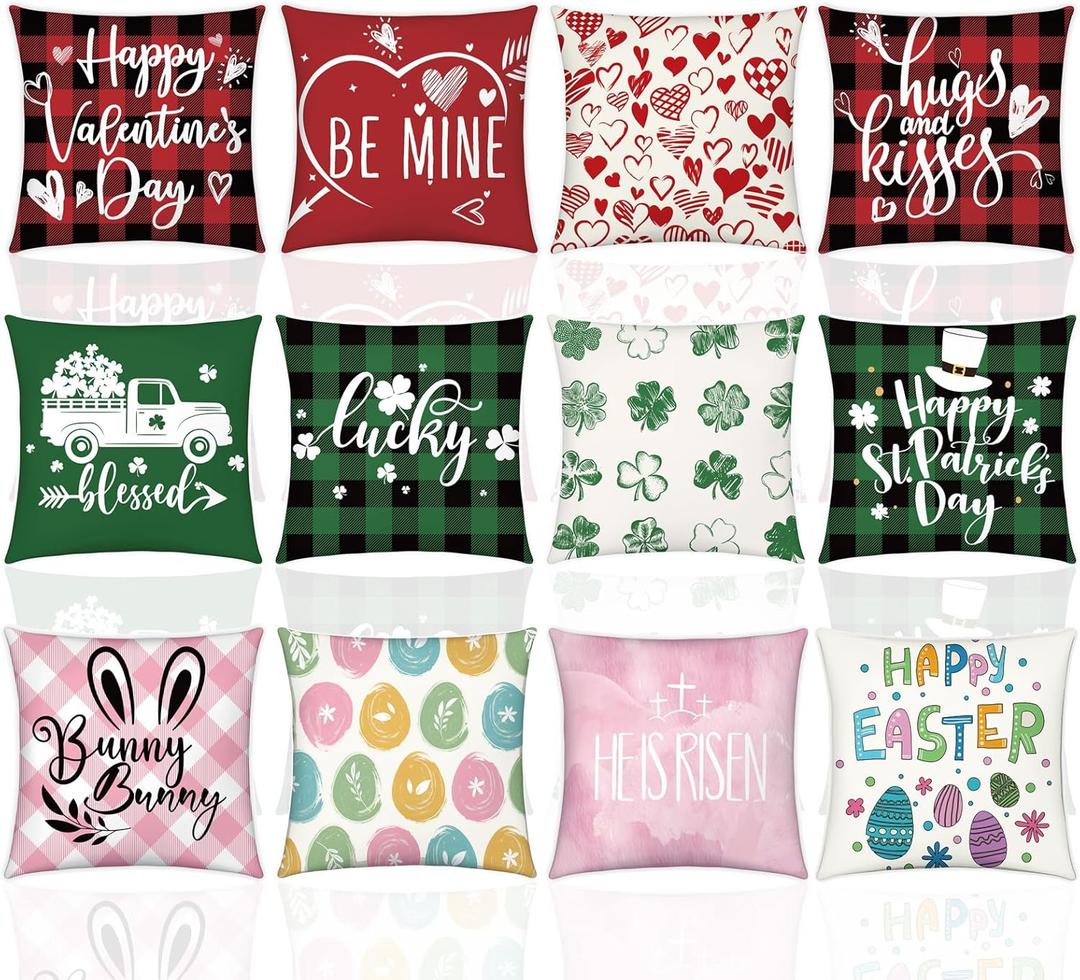 VitalCozy 12 Pcs Valentine's Day Pillow Covers 18 x 18 Inch St Patricks Day Easter Throw Pillow Covers Buffalo Plaid Seasonal Holiday Pillowcases for Couch Sofa Bed Home Decor Gifts Party