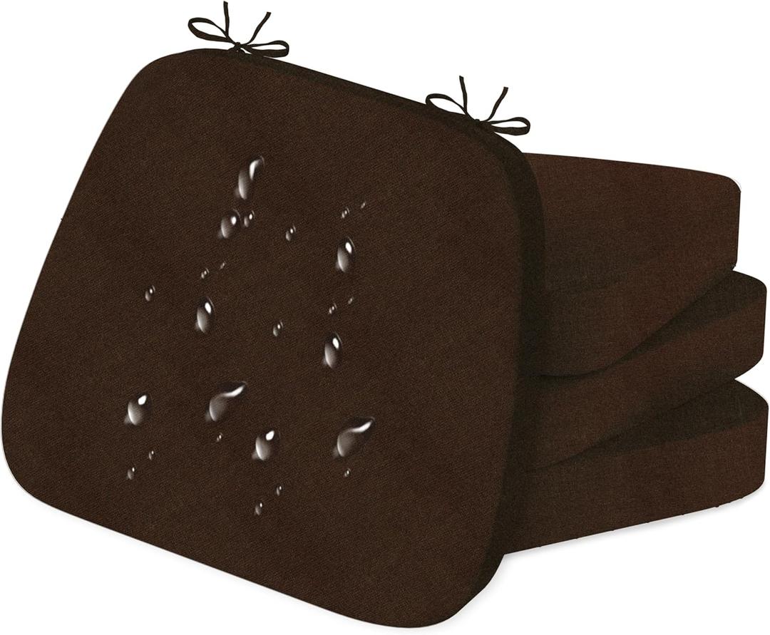 17'' x 16'' x 2.5"Thick Chair Cushions for Dining Chairs, 4 Pack WaterProof Easy Clean Kitchen Chair Pads with Ties and Non-Slip Backing - 30D High Elastic Foam Soft Kitchen Chair Cushions (Brown)
