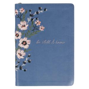 Classic Faux Leather Journal Be Still & Know Psalm 46:10 Blue Floral Embroidered Inspirational Notebook, Lined Pages w/Scripture, Ribbon Marker, Zipper Closure